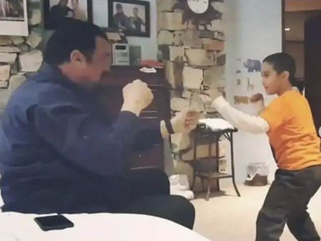 Kunzang Seagal practicing combat with dad Steven Seagal