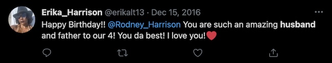 Erika Harrison Tweet about her husband