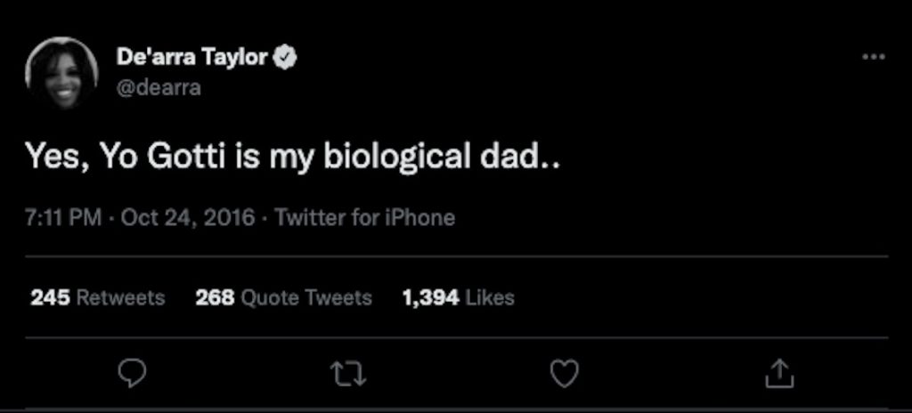 De'arra Taylor's Tweet revealing Yo Gotti as her father.