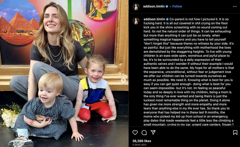 Addison Timlin's Instagram post about being single mom